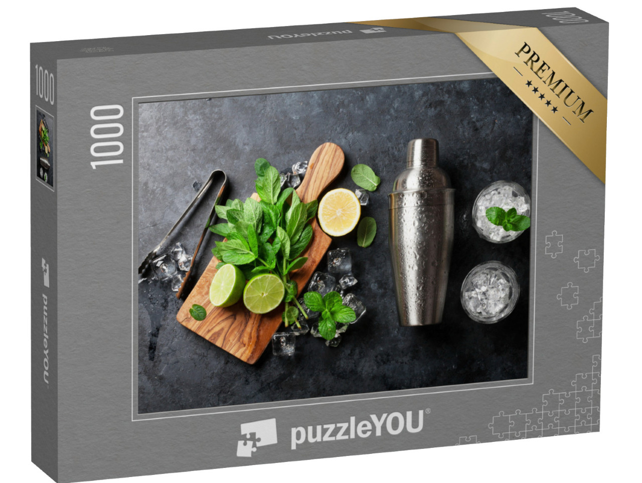 Puzzle de 1000 pièces « Ingrédients pour un cocktail mojito : shaker, menthe, citron vert, glace »