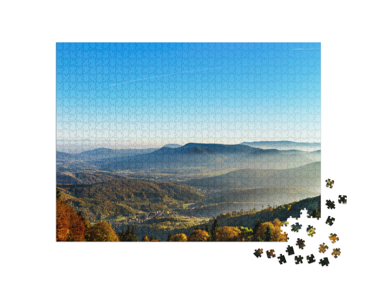 Puzzle de 1000 pièces « Vue aérienne de montagnes automnales colorées, coucher de soleil brumeux, Vosges, Alsace, France »