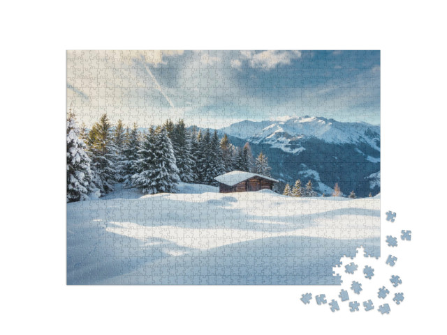 Puzzle de 1000 pièces « Refuge de montagne au pays des merveilles hivernales »