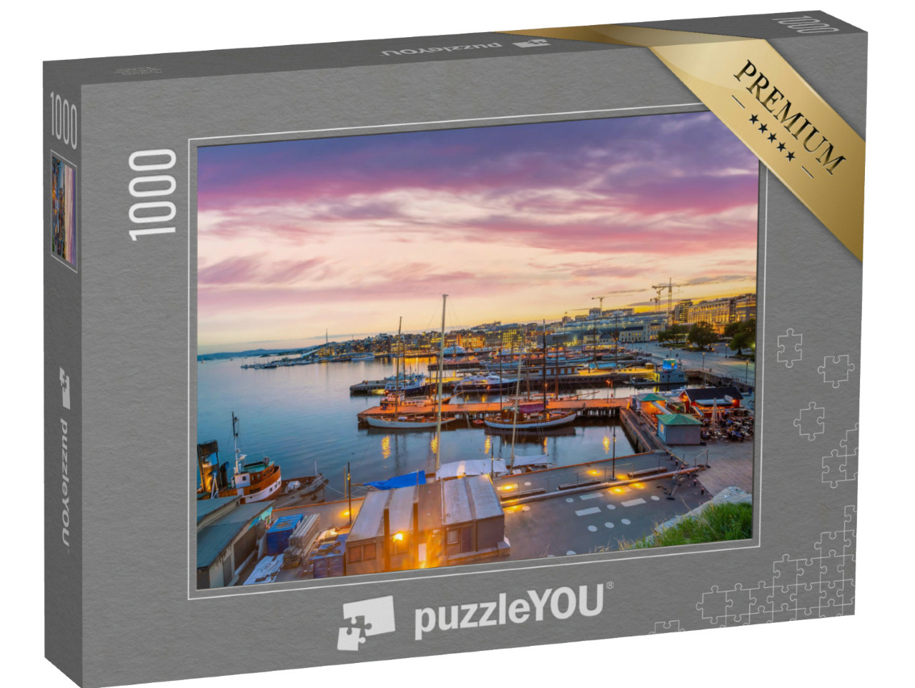 Puzzle de 1000 pièces « Skyline d'Oslo avec le centre-ville au coucher du soleil, Norvège »