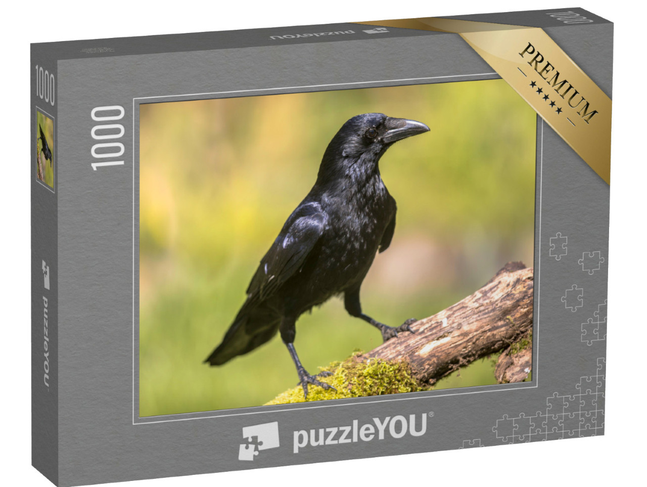 Puzzle de 1000 pièces « Corneille noire sur un tronc d'arbre couvert de mousse »