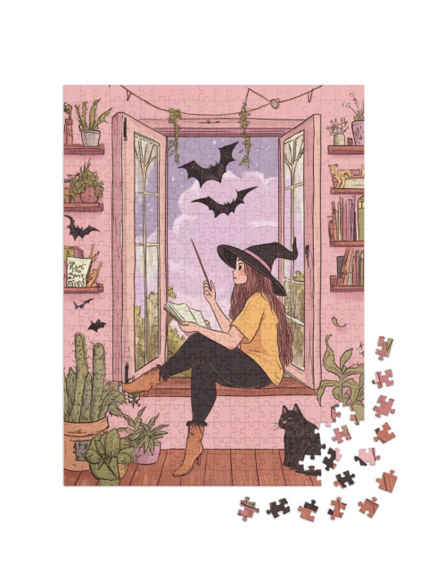 Puzzle de 500 pièces « Sorcière assise à la fenêtre, Halloween »