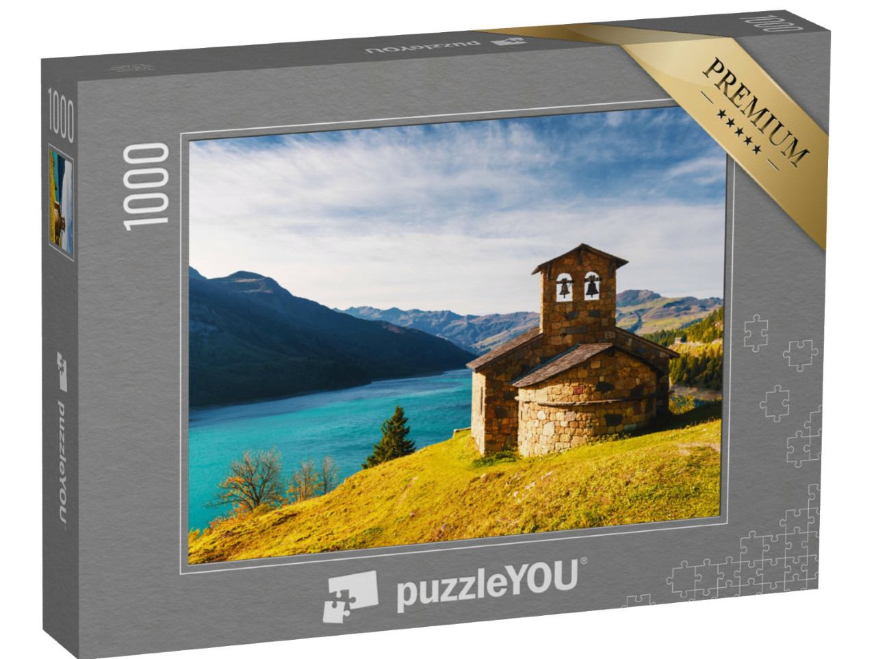 Puzzle de 1000 pièces « Vue pittoresque d'une chapelle en pierre au lac de Roselend dans les Alpes françaises »