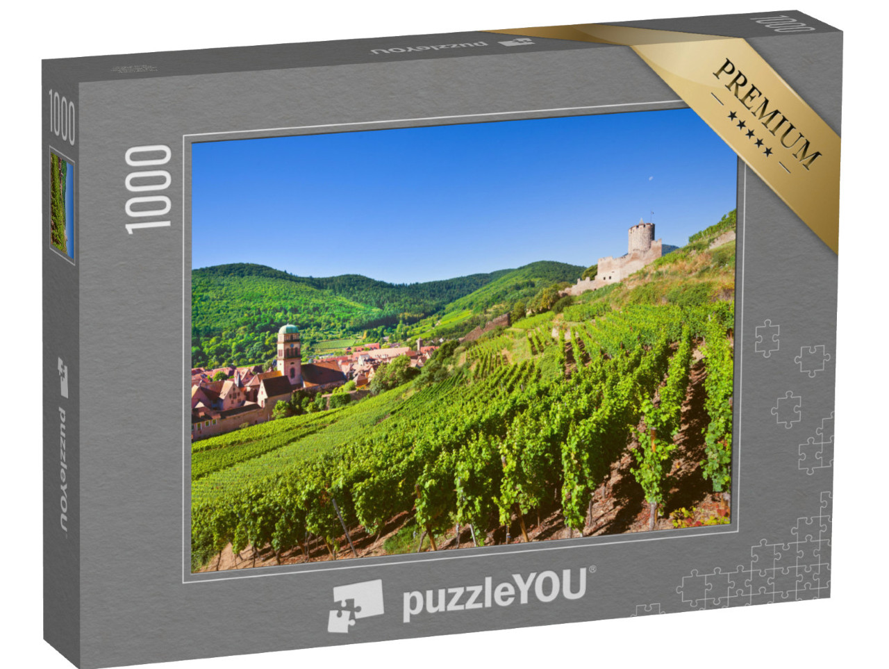 Puzzle de 1000 pièces « Vue aérienne du village de Kaysersberg avec les Vosges en arrière-plan »