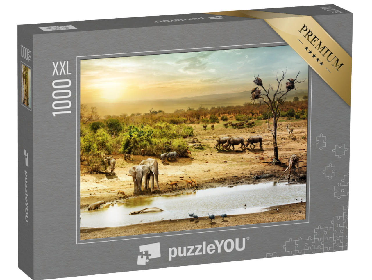 Puzzle 1000 pièces XXL « Animaux au point d'eau au coucher du soleil désert sud-africain »