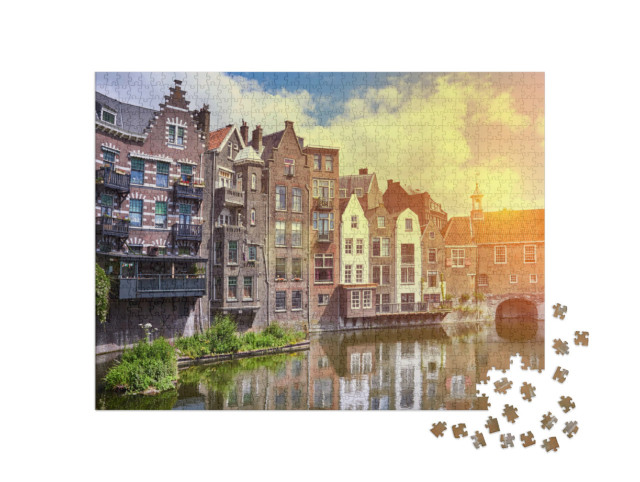 Puzzle de 1000 pièces « Coucher de soleil sur Delfshaven à Rotterdam, Pays-Bas »