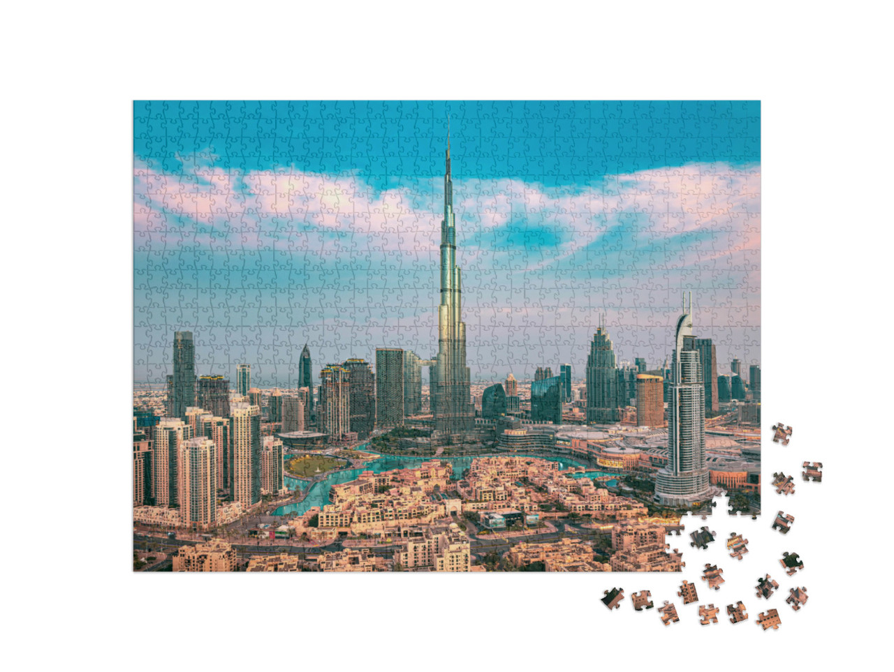 Puzzle de 1000 pièces « L'horizon du centre-ville de Dubaï avec ses gratte-ciel au lever du soleil »
