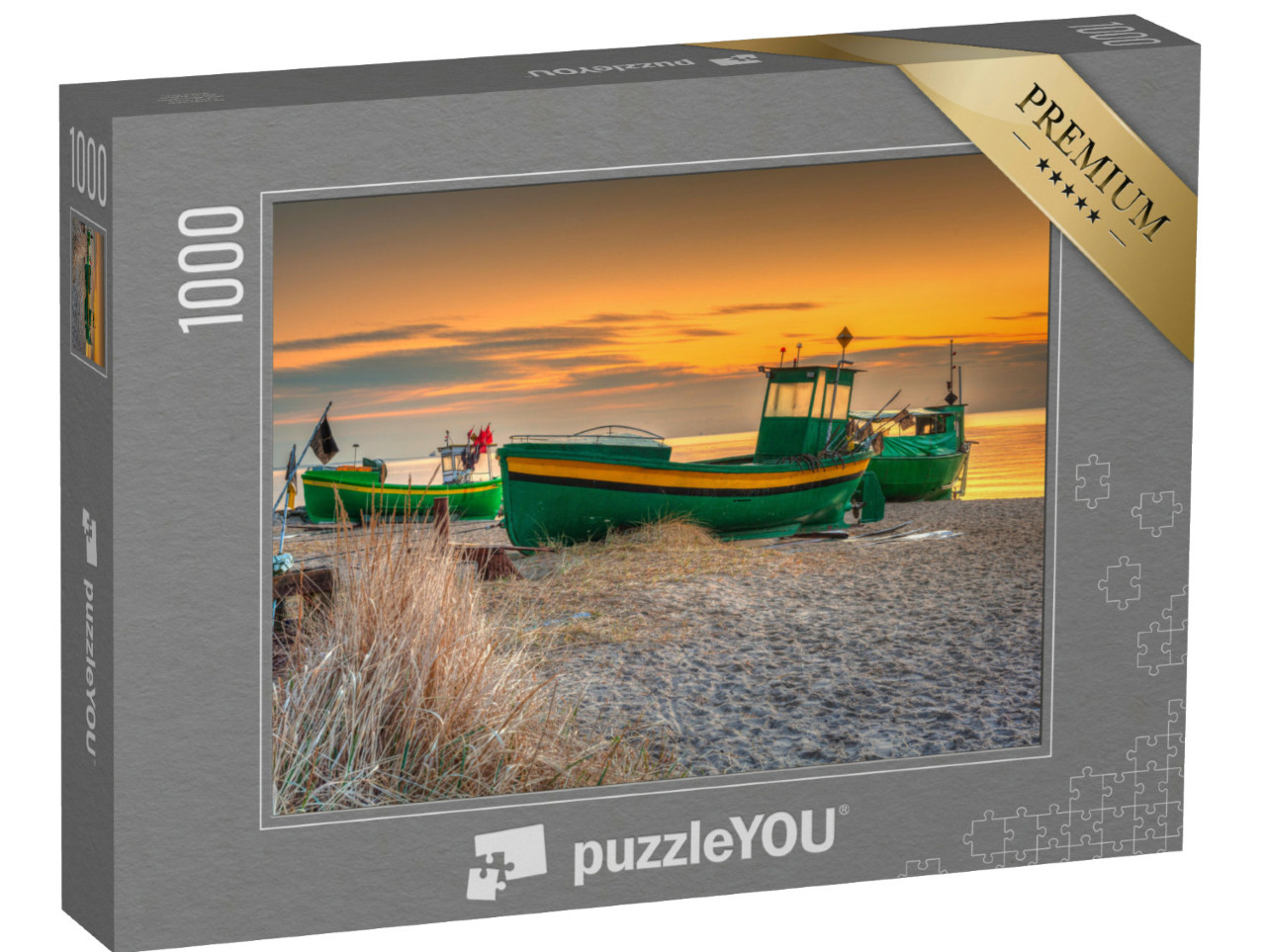 Puzzle de 1000 pièces « Bateaux de pêche sur la plage de la Baltique au lever du soleil, Gdynia Orlowo, Pologne »