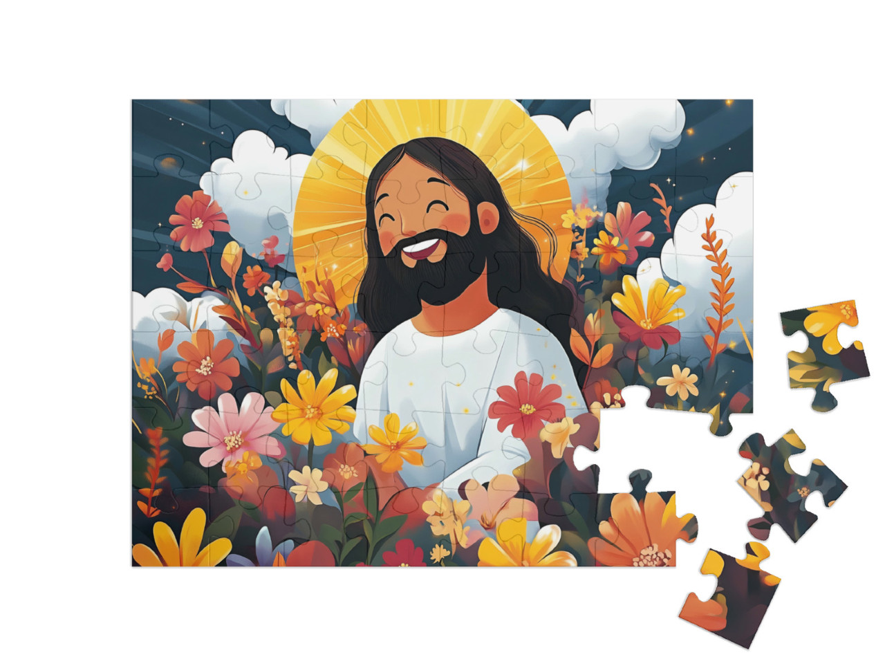 Puzzle de 48 pièces « Jésus riant dans une prairie fleurie »