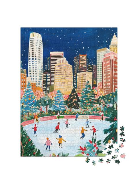 Puzzle de 1000 pièces « Patinoire de Noël entre les gratte-ciel de la ville »