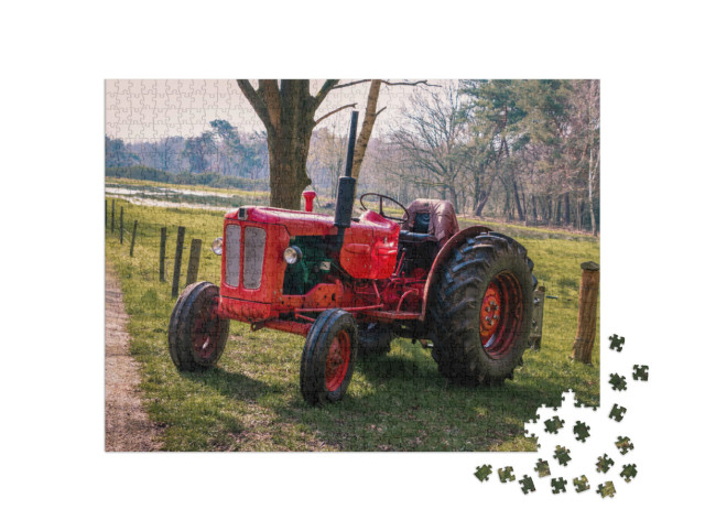 Puzzle de 1000 pièces « Tracteur rouge d'époque dans la Drenthe près de Havelte »
