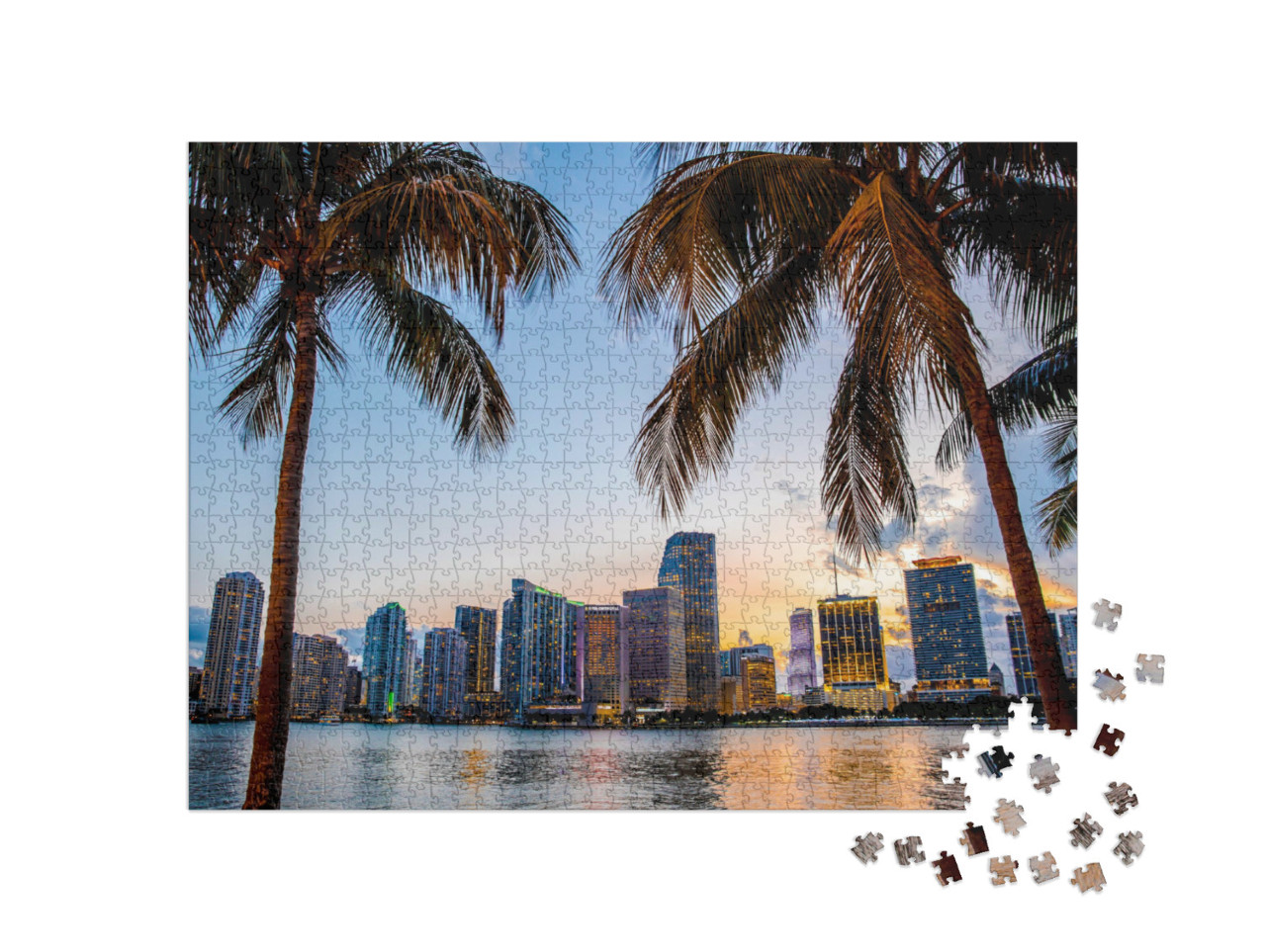 Puzzle de 1000 pièces « Vue du soir sur la ligne d'horizon de Miami, Floride, USA »