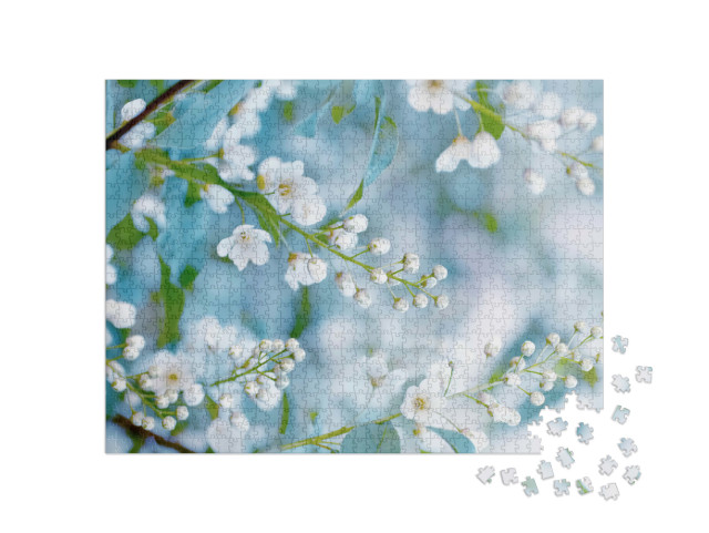 Puzzle de 1000 pièces « Branches du cerisier des oiseaux en fleurs au printemps »