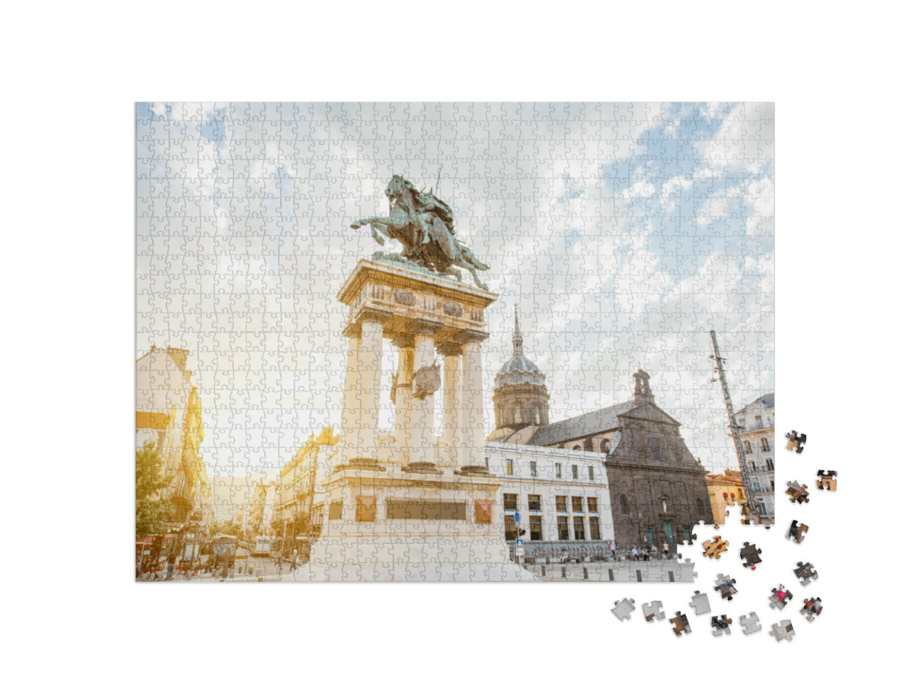 Puzzle de 1000 pièces « Place de la Jaude avec statue au coucher du soleil dans la ville de Clermont-Ferrand »