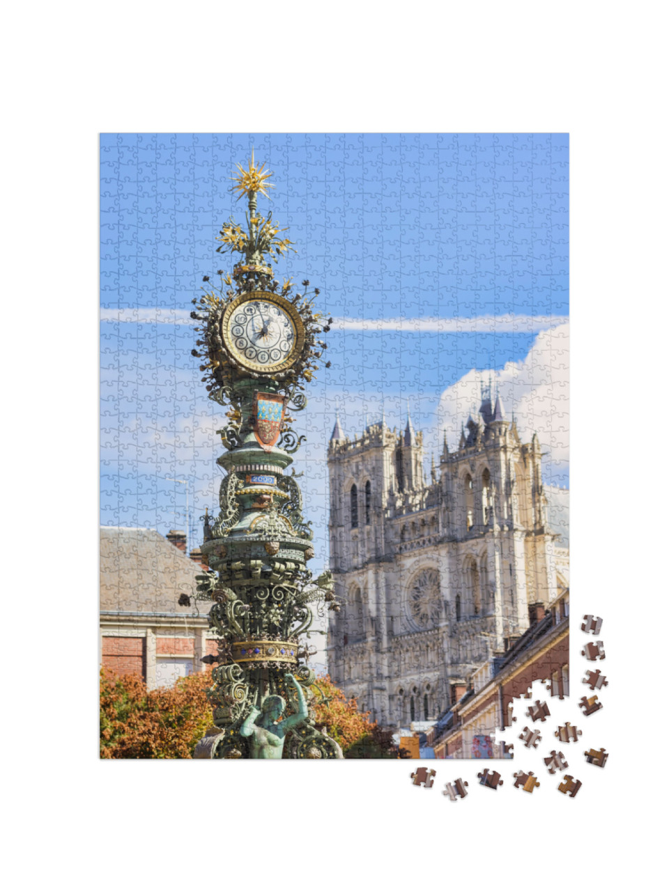 Puzzle de 1000 pièces « horloge de rue historique avec la célèbre cathédrale d'Amiens »