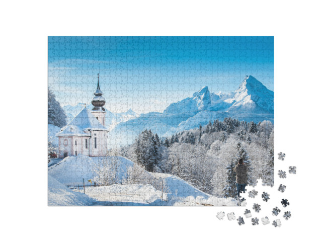 Puzzle de 1000 pièces « Sanctuaire hivernal de Maria Gern devant le Watzmann, Allemagne »