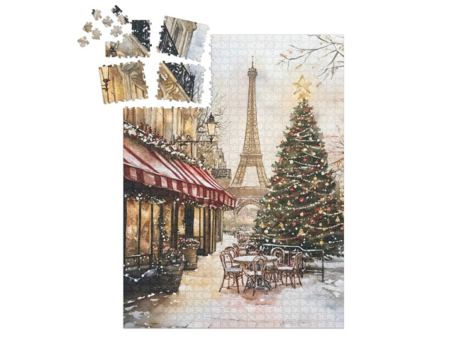 SMART SORTED® | Puzzle photo 1000 pièces « Noël à Paris : aquarelle avec sapin de Noël et tour Eiffel »