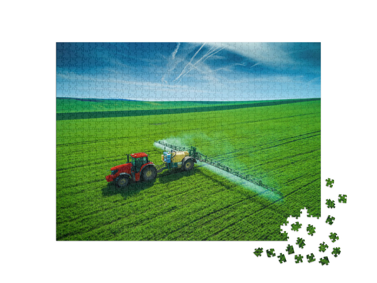Puzzle de 1000 pièces « Un tracteur qui laboure et pulvérise dans un champ »
