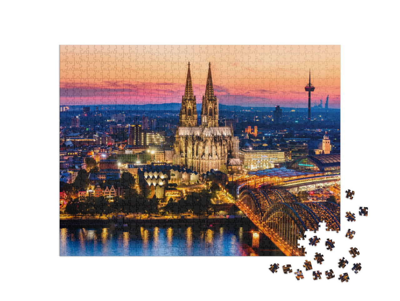 Puzzle de 1000 pièces « Panorama nocturne de la cathédrale de Cologne, du pont Hohenzollern et du Rhin »