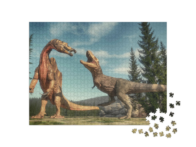 Puzzle de 1000 pièces « Combat entre Spinosaurus et T Rex sur Jurassic Valley »