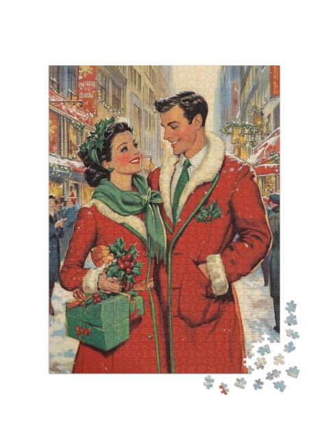 Puzzle de 1000 pièces « Design de Noël vintage : Couple d'amoureux faisant du shopping de Noël »