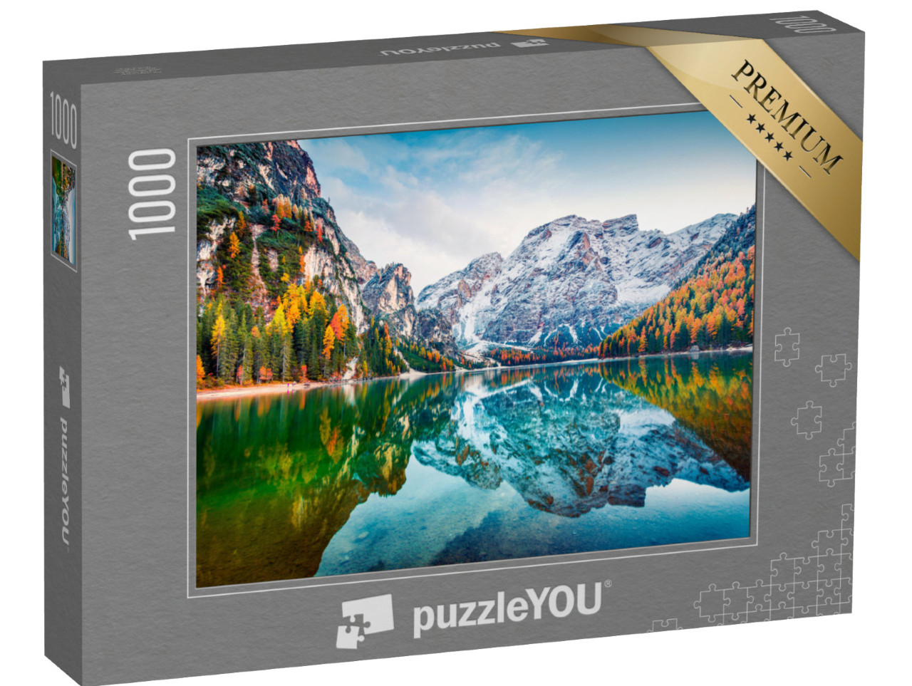 Puzzle de 1000 pièces « Première neige sur le lac Prags Wildsee, Alpes, Italie »