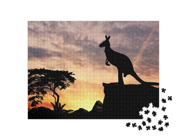 Puzzle de 1000 pièces « Silhouette d'un kangourou sur une colline au coucher du soleil »