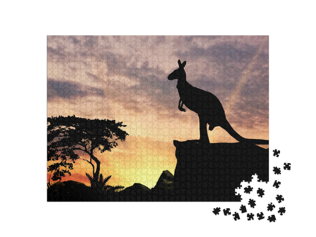 Puzzle de 1000 pièces « Silhouette d'un kangourou sur une colline au coucher du soleil »