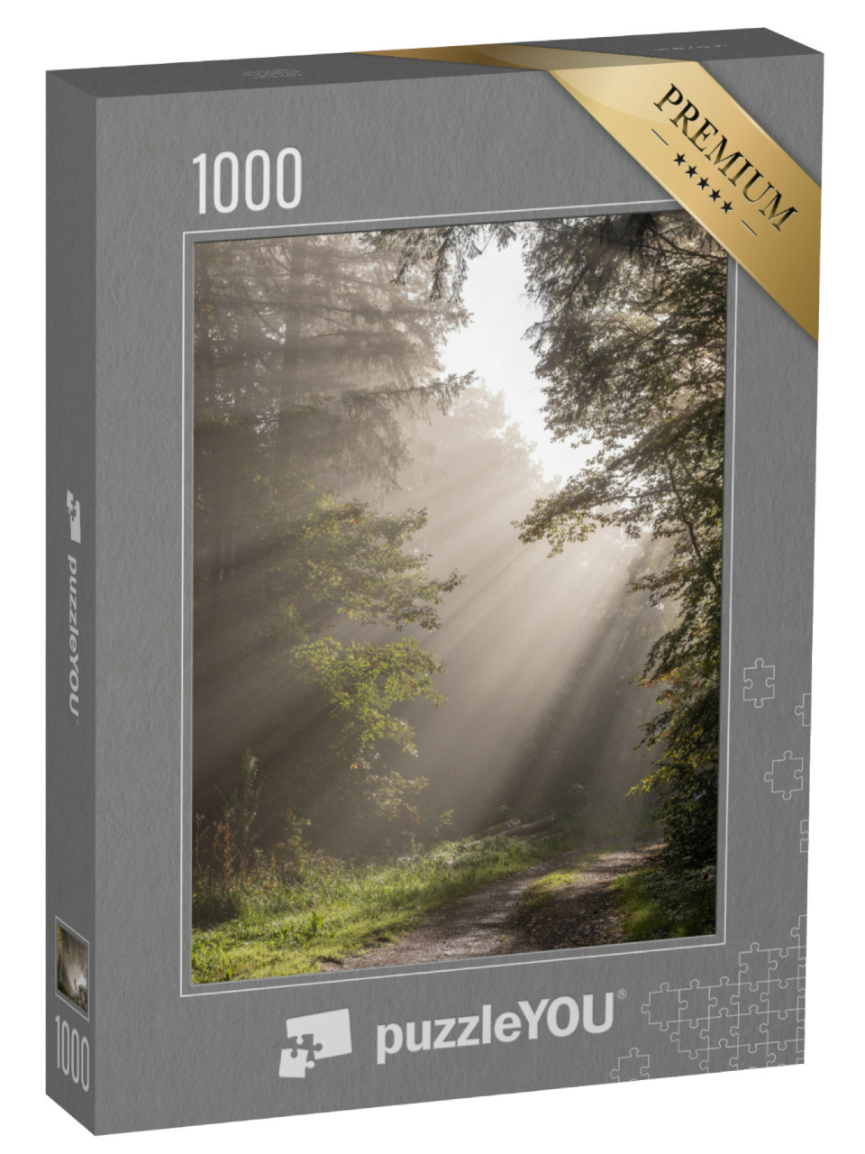 Puzzle de 1000 pièces « Rayons de soleil à travers le brouillard dans une forêt de montagne en automne. Vosges, Alsace, France. »