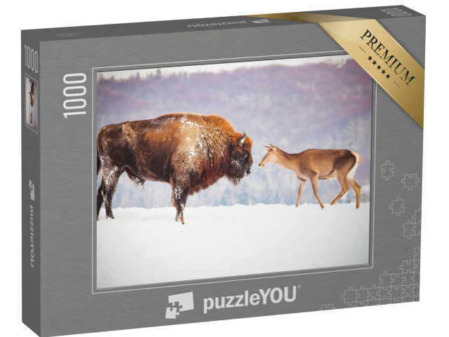 Puzzle de 1000 pièces « Bisons et cerfs européens en hiver »