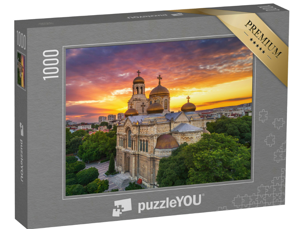 Puzzle de 1000 pièces « Coucher de soleil sur la cathédrale de l'Assomption à Varna »