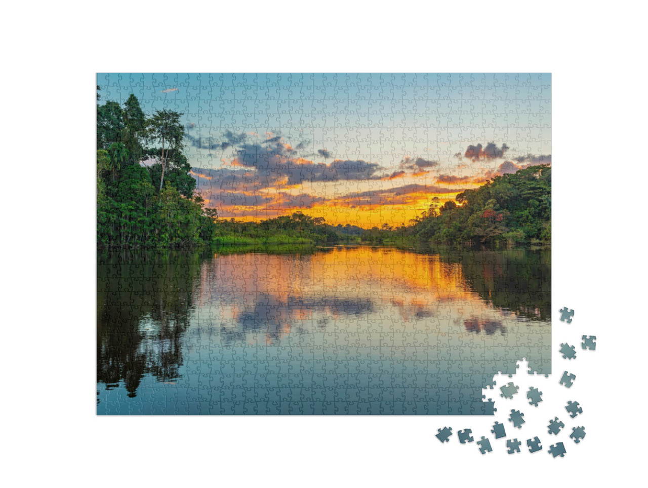Puzzle de 1000 pièces « Coucher de soleil sur une lagune du bassin de la forêt amazonienne »