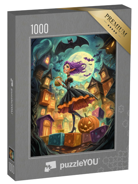 Puzzle de 1000 pièces « Sorcière aux cheveux violets au milieu des chauves-souris »