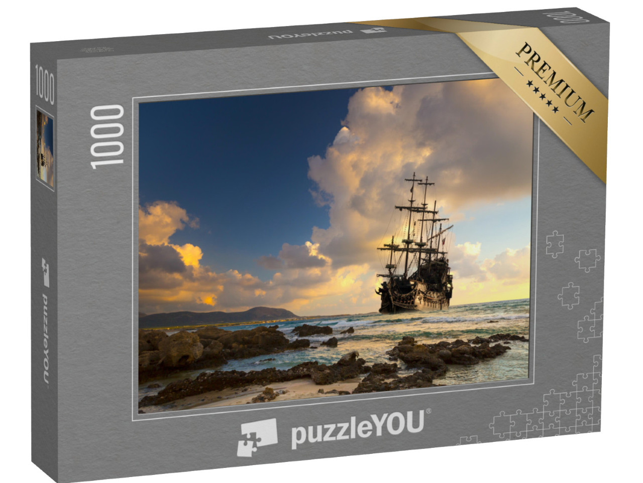 Puzzle de 1000 pièces « Bateau pirate en pleine mer au coucher du soleil »