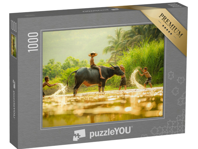 Puzzle de 1000 pièces « Jeux d'eau - Garçons et buffles d'eau en Asie »