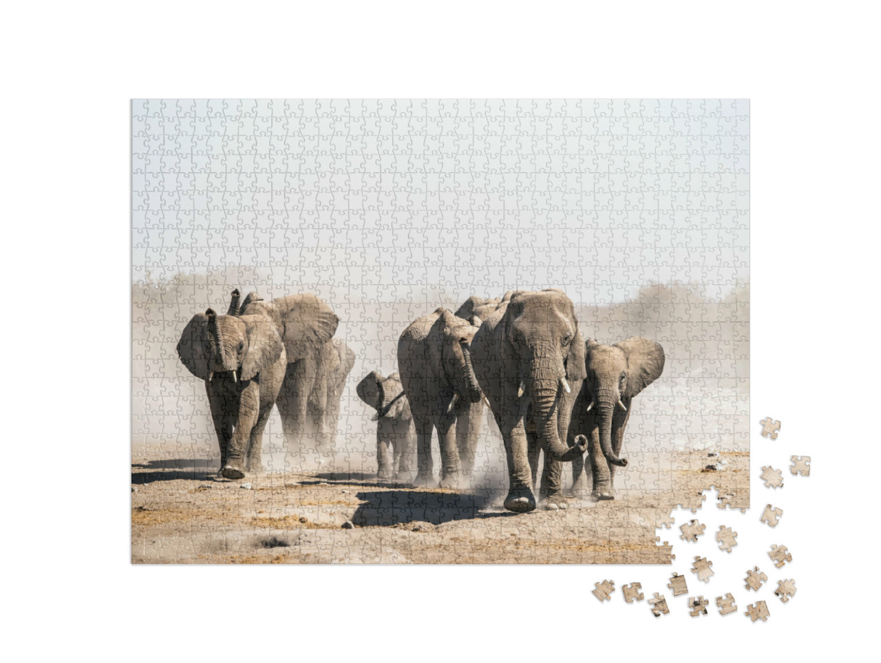 Puzzle de 1000 pièces « Un troupeau d'éléphants au point d'eau, parc national d'Etosha, Namibie, Afrique »