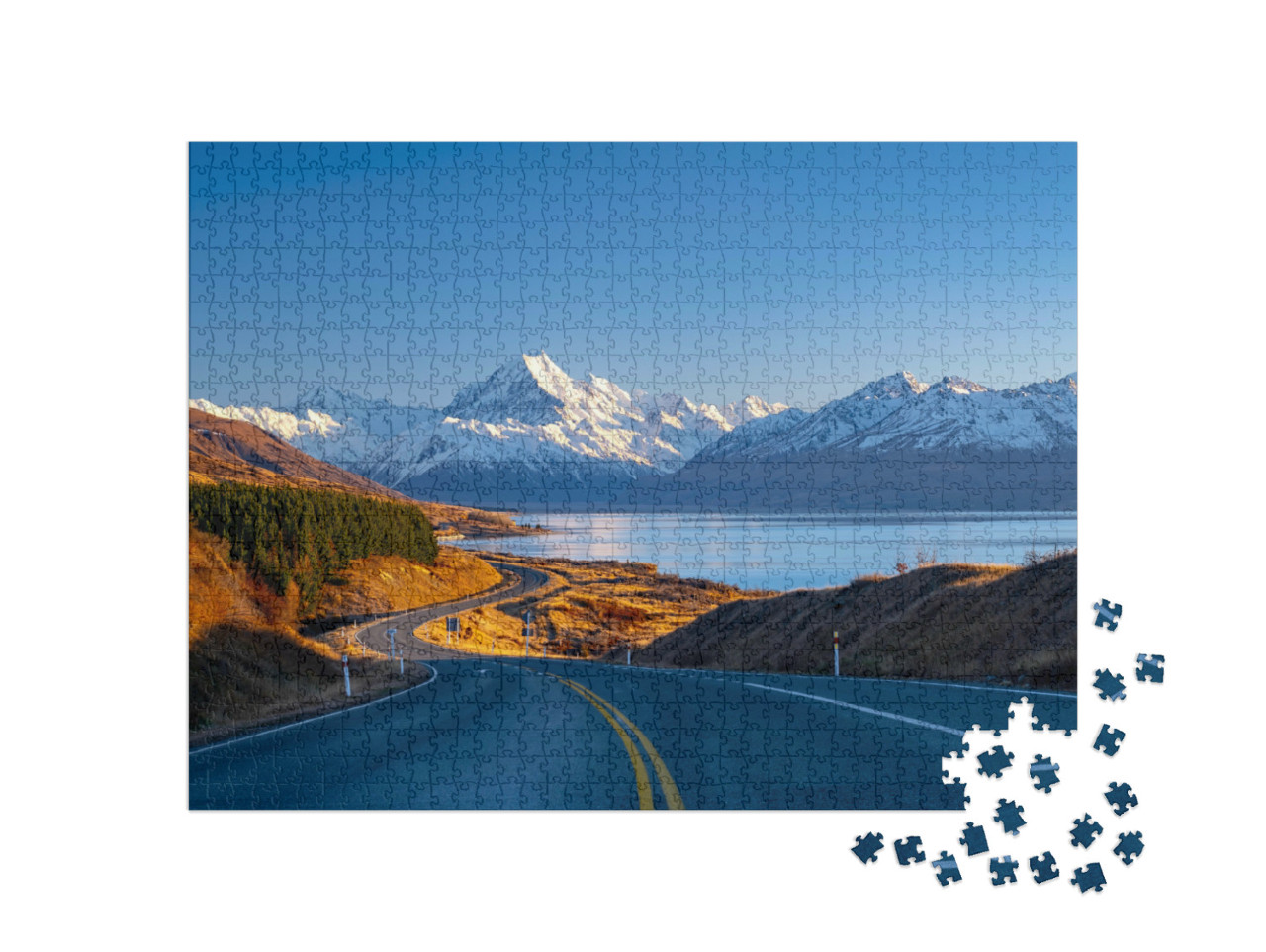 Puzzle de 1000 pièces « Route le long du lac Pukaki vers le parc national du Mont Cook, Nouvelle-Zélande »