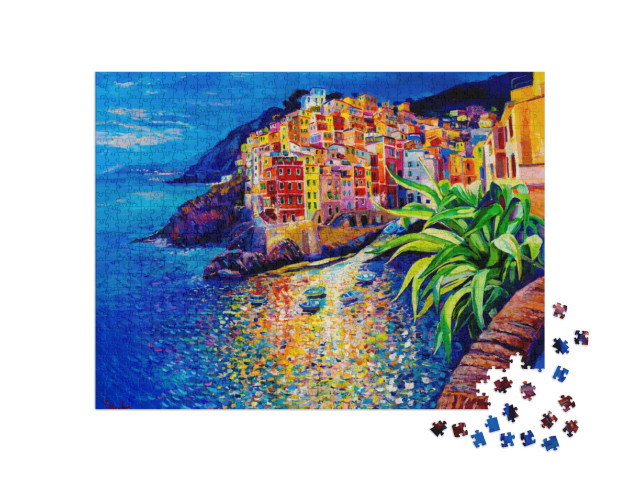 Puzzle de 1000 pièces « Peinture à l'huile : village coloré au bord de la mer »