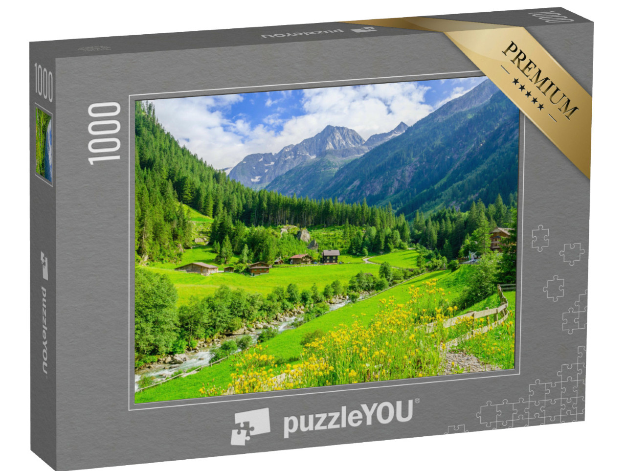 Puzzle de 1000 pièces « Vertes prairies dans les Alpes de Zillertal, Autriche »