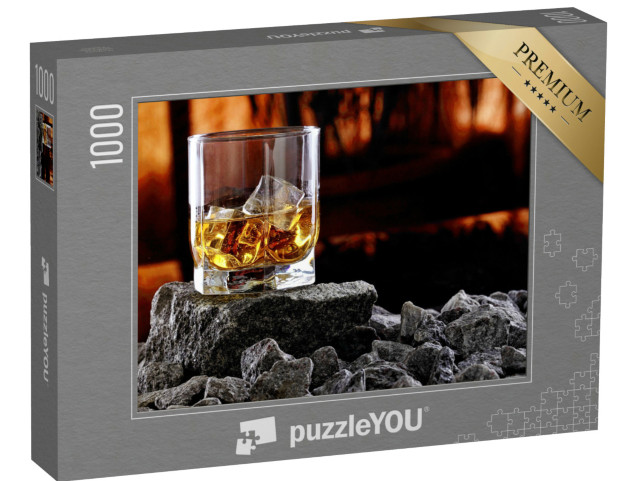 Puzzle de 1000 pièces « Verre à whisky avec coucher de soleil »