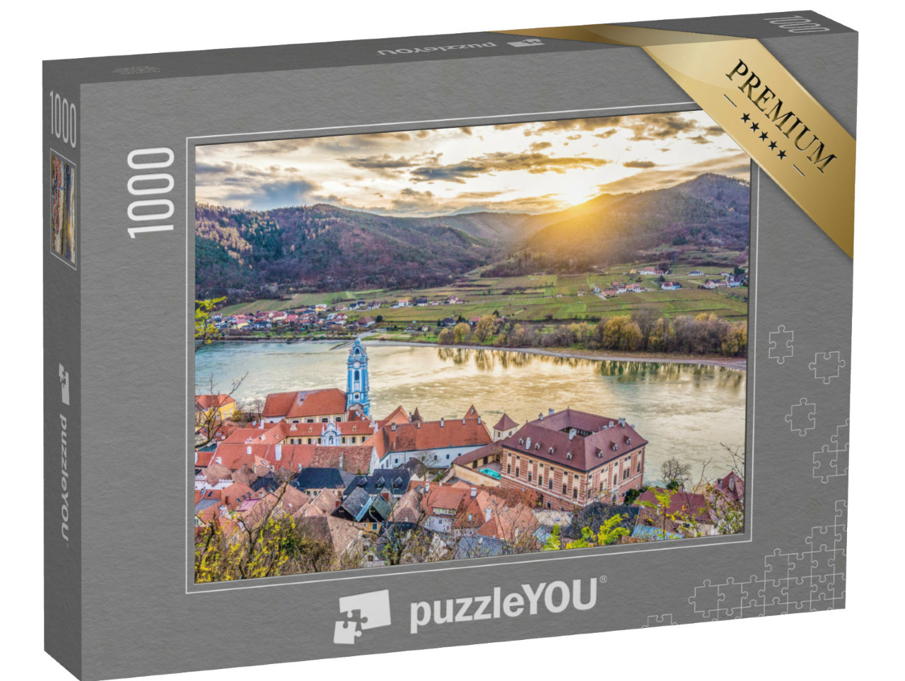Puzzle de 1000 pièces « Vue panoramique de la vallée de la Wachau avec la ville historique de Durnstein, Autriche »
