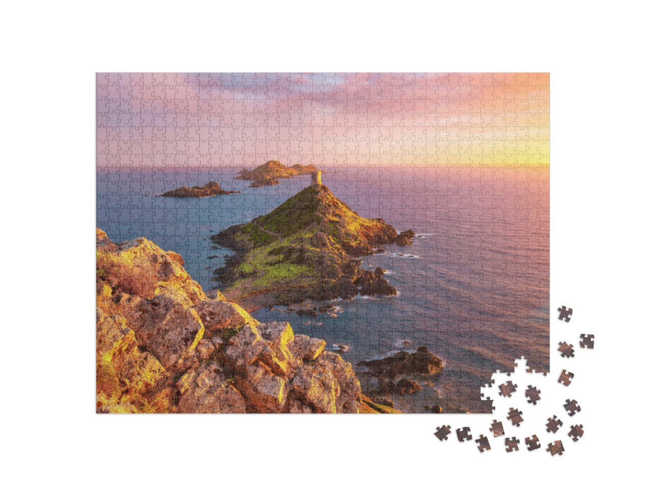 Puzzle de 1000 pièces « Coucher de soleil sur la Torra di a Parata avec la tour génoise, Corse »