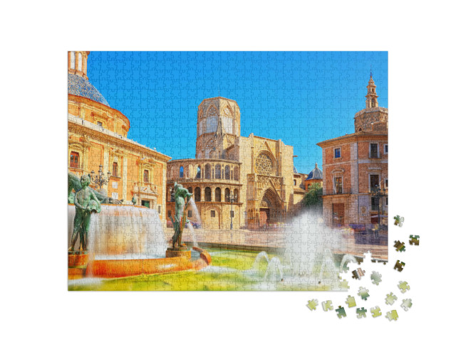 Puzzle de 1000 pièces « Fontaine pittoresque devant la cathédrale de Valence, Espagne »
