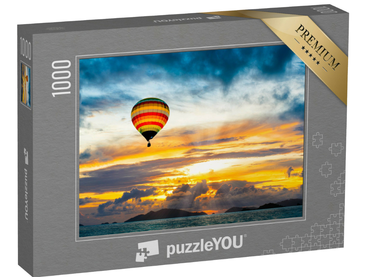 Puzzle de 1000 pièces « Montgolfière au-dessus de la mer au coucher du soleil »
