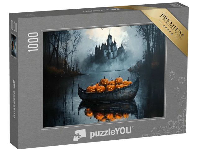 Puzzle de 1000 pièces « Château hanté avec un bateau rempli de citrouilles »