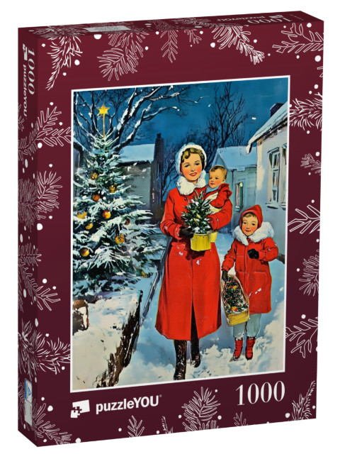 Puzzle de 1000 pièces « Style rétro : mère et enfants en manteaux rouges dans la nuit de Noël »