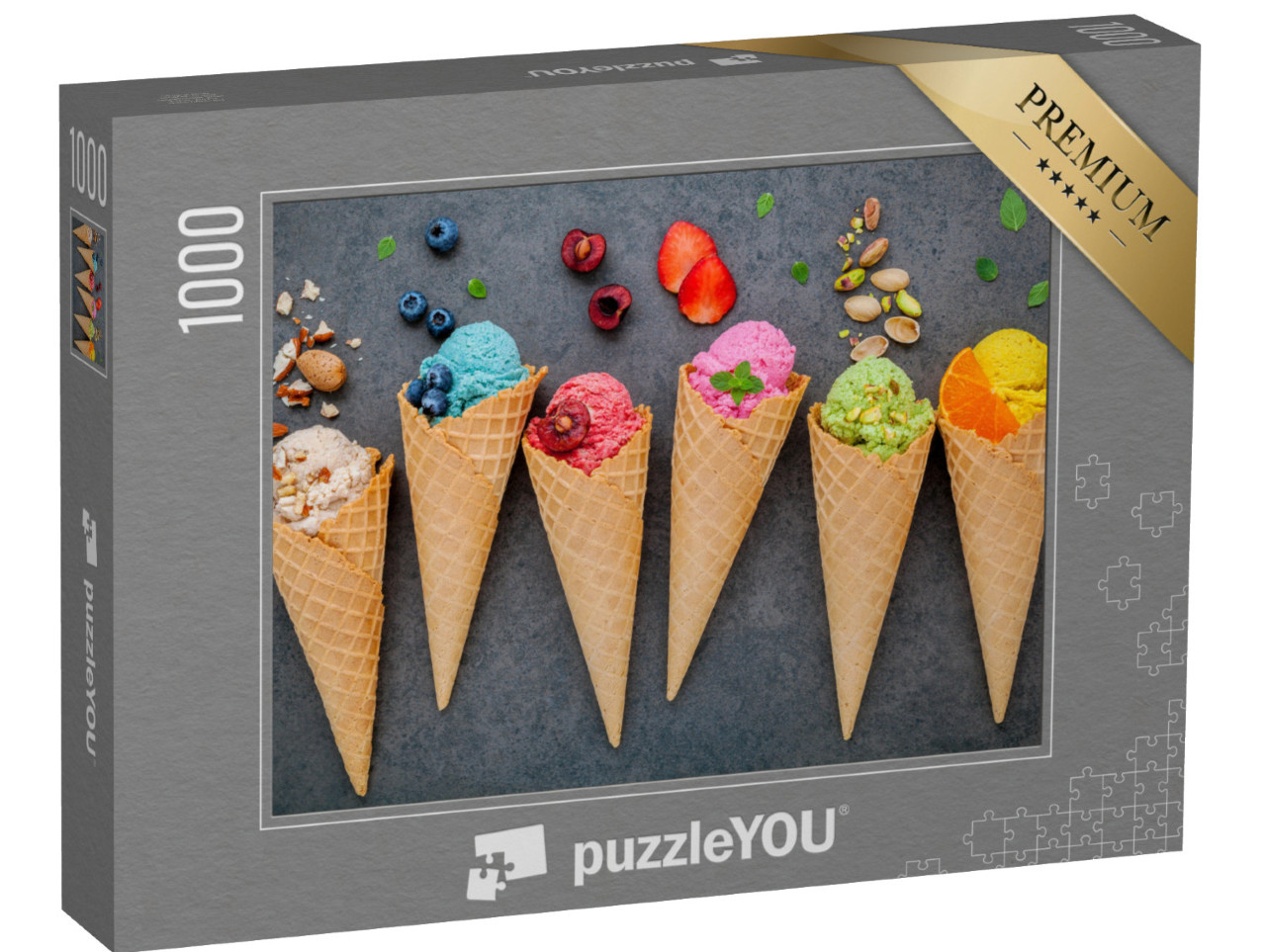 Puzzle de 1000 pièces « Des boules de glace : Myrtille, fraise, pistache et plus encore »