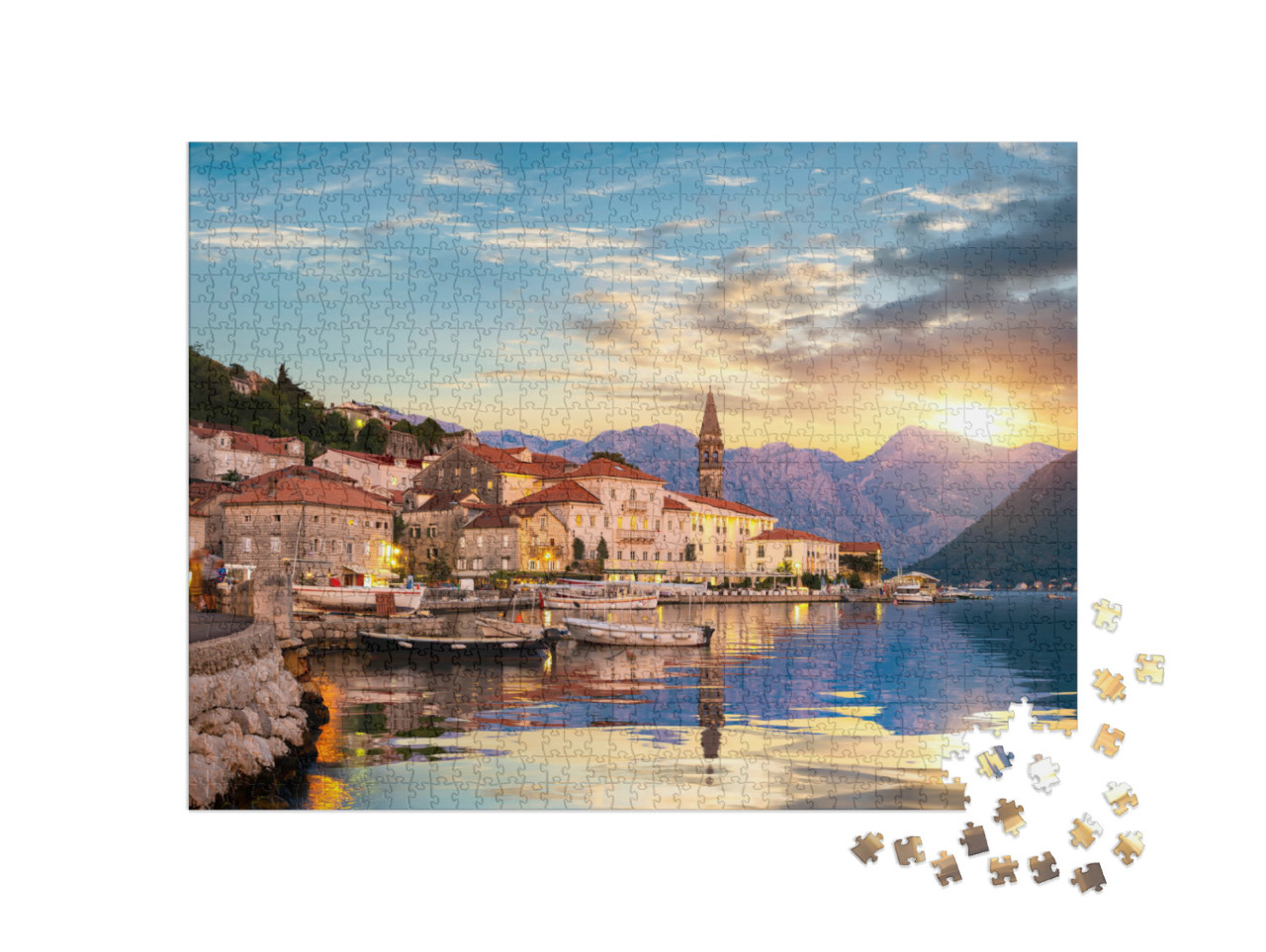 Puzzle de 1000 pièces « Soirée à Perast dans la baie de Kotor, Monténégro »