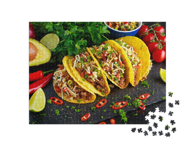 Puzzle de 1000 pièces « La cuisine mexicaine : Délicieux tacos avec salsa maison »