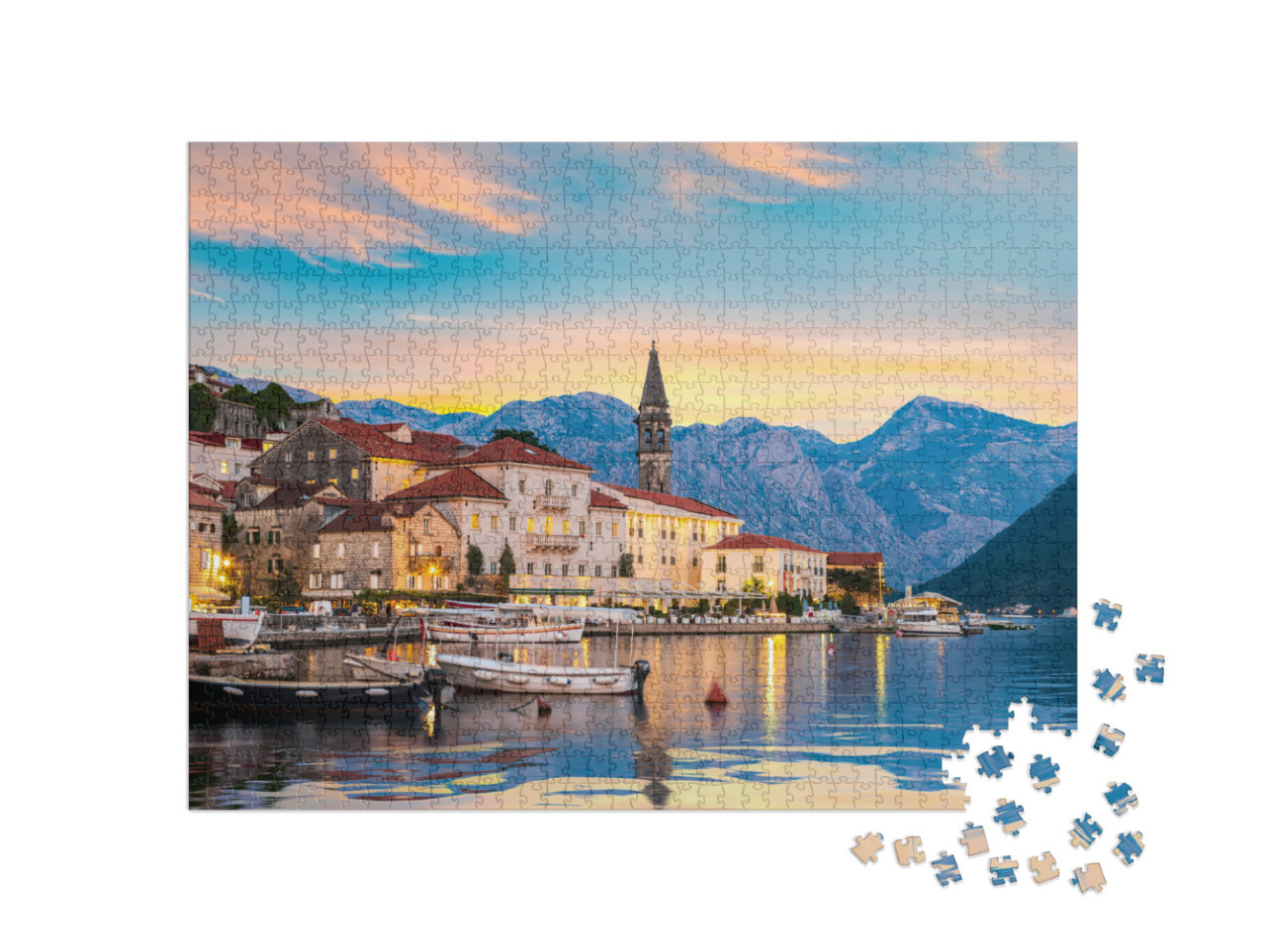 Puzzle de 1000 pièces « Ville historique de Perast au coucher du soleil, Monténégro »